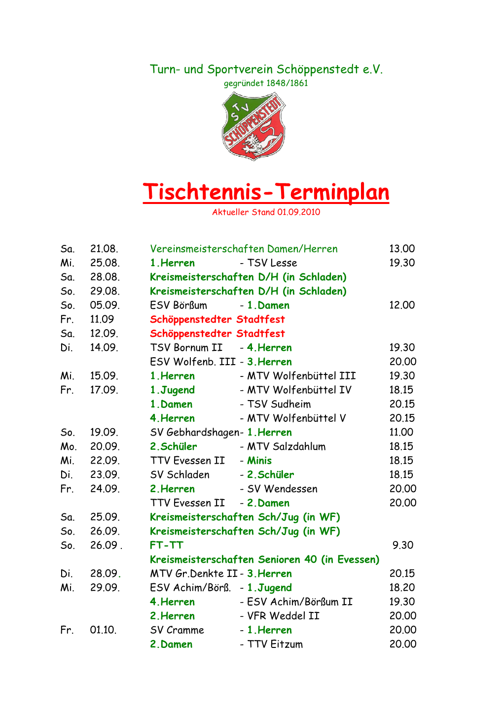 Terminplan 2010,2011 Stand 01.09.2010 2.2010 2