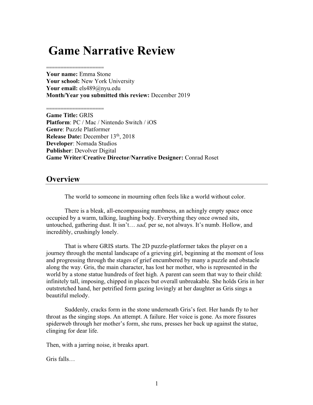 Game Narrative Review