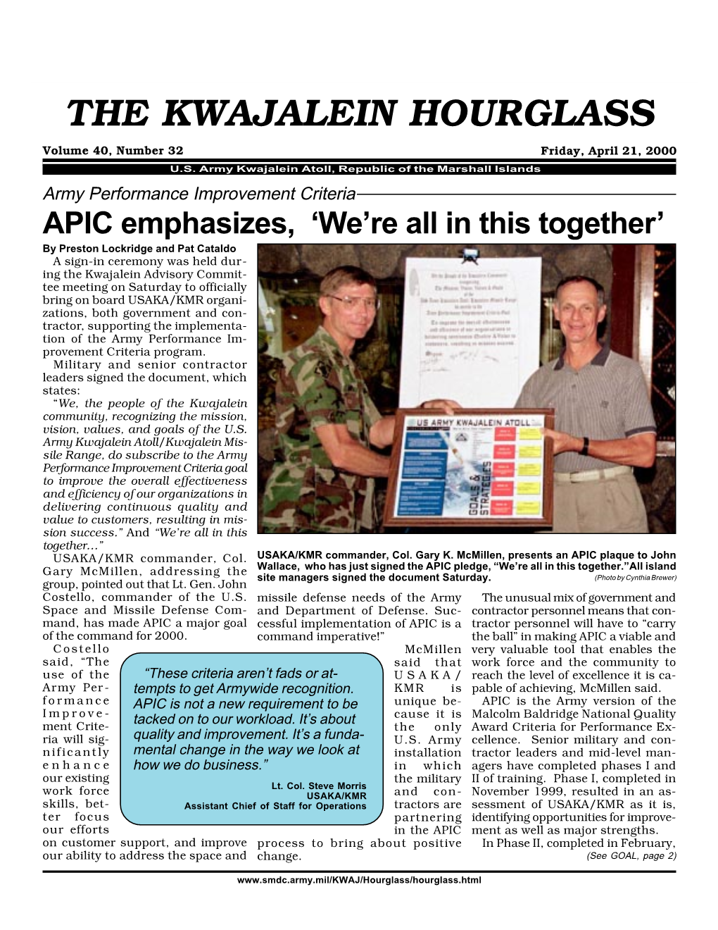 THE KWAJALEIN HOURGLASS Volume 40, Number 32 Friday, April 21, 2000 U.S