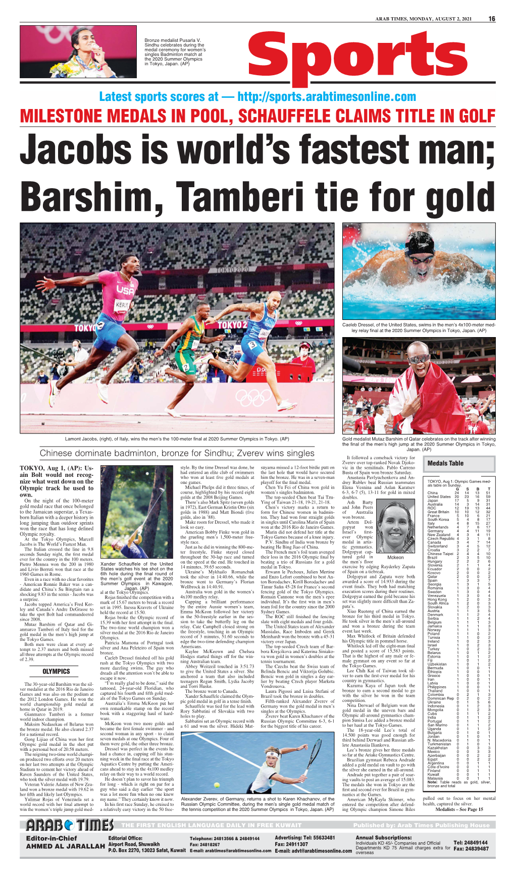 MILESTONE MEDALS in POOL, SCHAUFFELE CLAIMS TITLE in GOLF Jacobs Is World’S Fastest Man; Barshim, Tamberi Tie for Gold