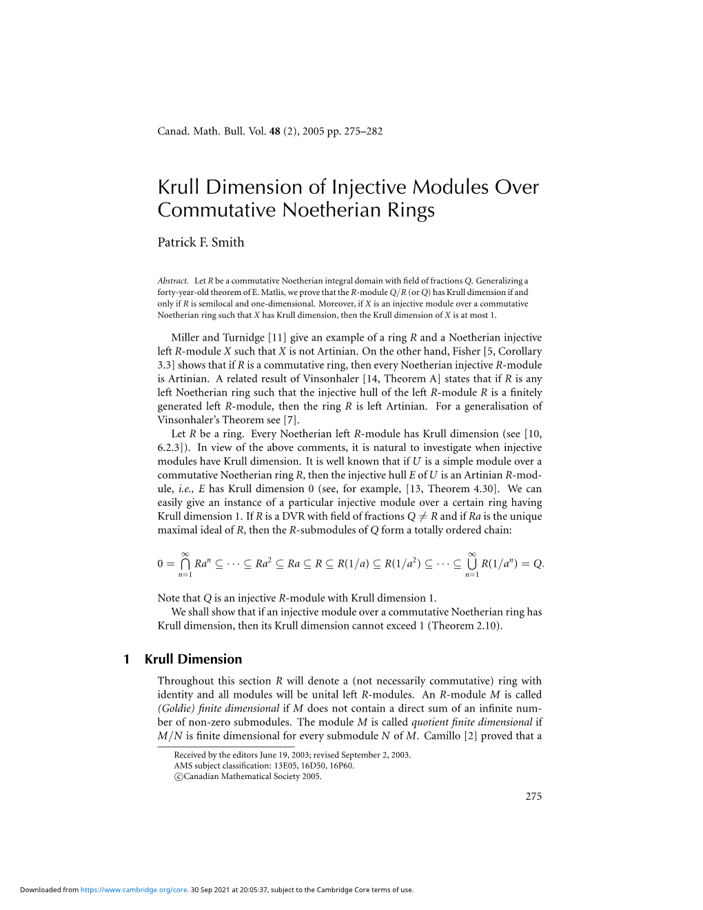 Krull Dimension of Injective Modules Over Commutative Noetherian Rings Patrick F