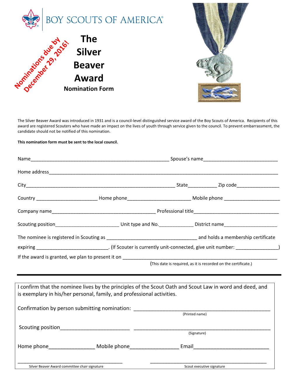 The Silver Beaver Award Nominations Due by December 29, 2016!Nomination Form