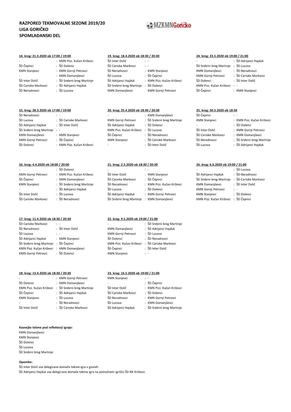 Razpored Tekmovalne Sezone 2019/20 Liga Goričko Spomladanski Del