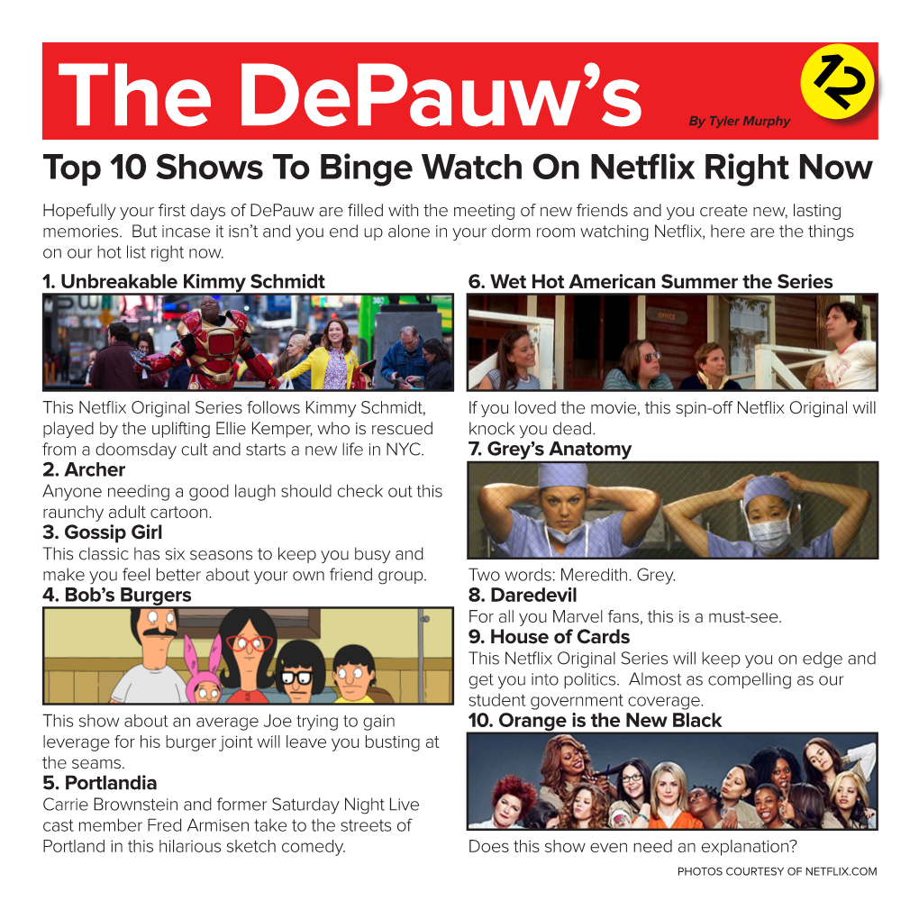 Top 10 Shows to Binge Watch on Netflix Right Now Hopefully Your First Days of Depauw Are Filled with the Meeting of New Friends and You Create New, Lasting Memories