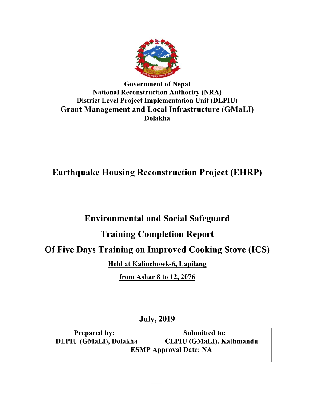 Earthquake Housing Reconstruction Project (EHRP) Environmental And