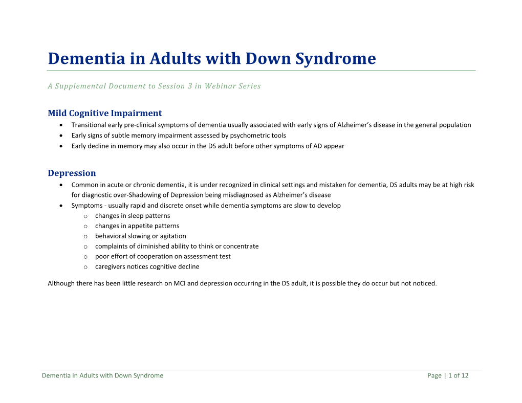 Dementia in Adults with Down Syndrome