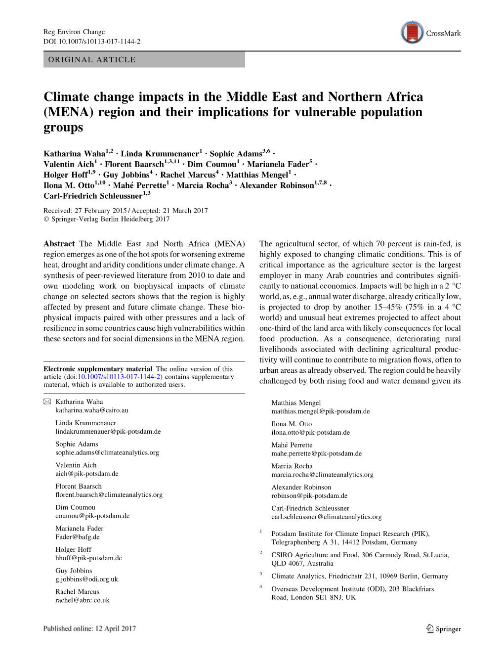 Climate Change Impacts in the Middle East and Northern Africa (MENA) Region and Their Implications for Vulnerable Population Groups