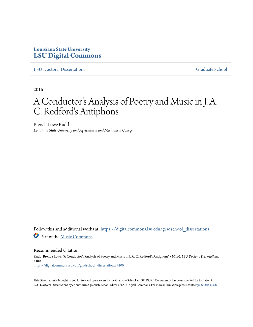 A Conductor's Analysis of Poetry and Music in J. A. C. Redford's Antiphons Brenda Lowe Rudd Louisiana State University and Agricultural and Mechanical College