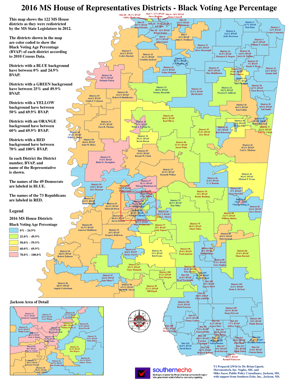 MAP 2016 MS House Districts with 2010 Black Voting Age Percentage