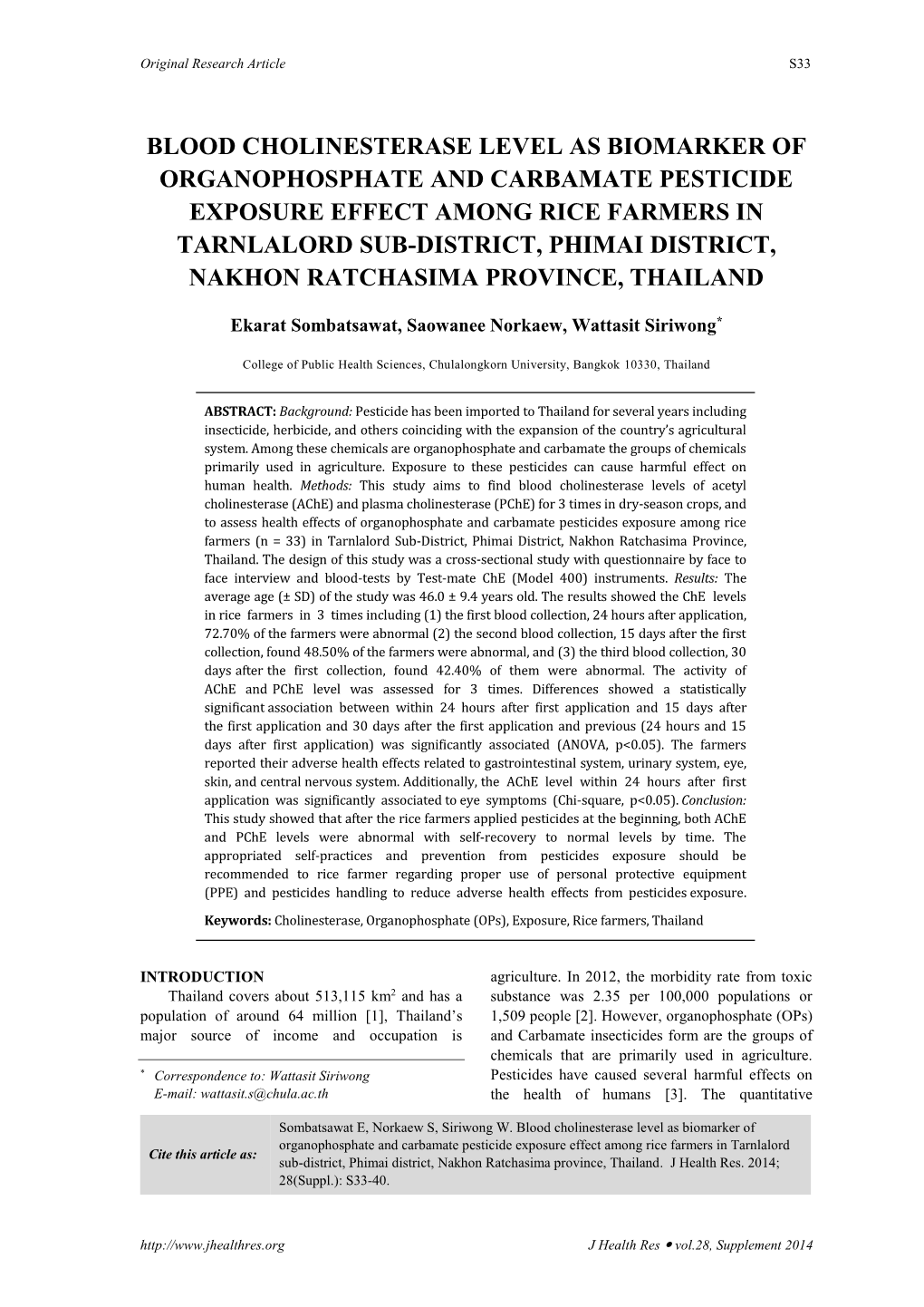 Blood Cholinesterase Level As Biomarker Of