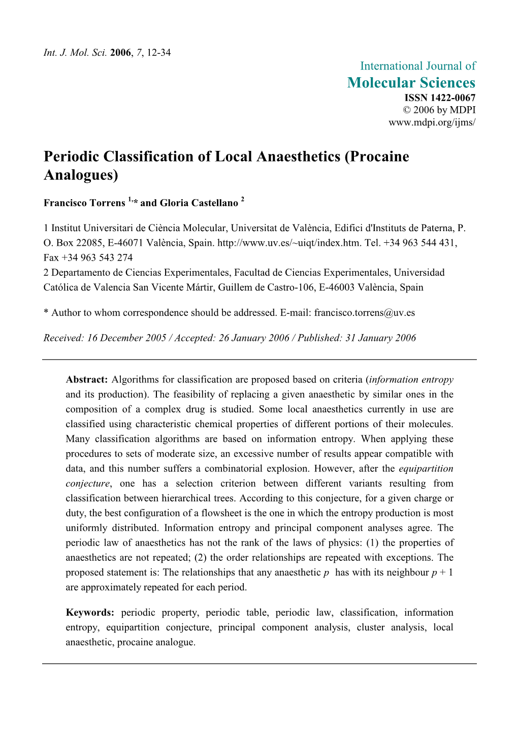 Periodic Classification of Local Anaesthetics (Procaine Analogues)