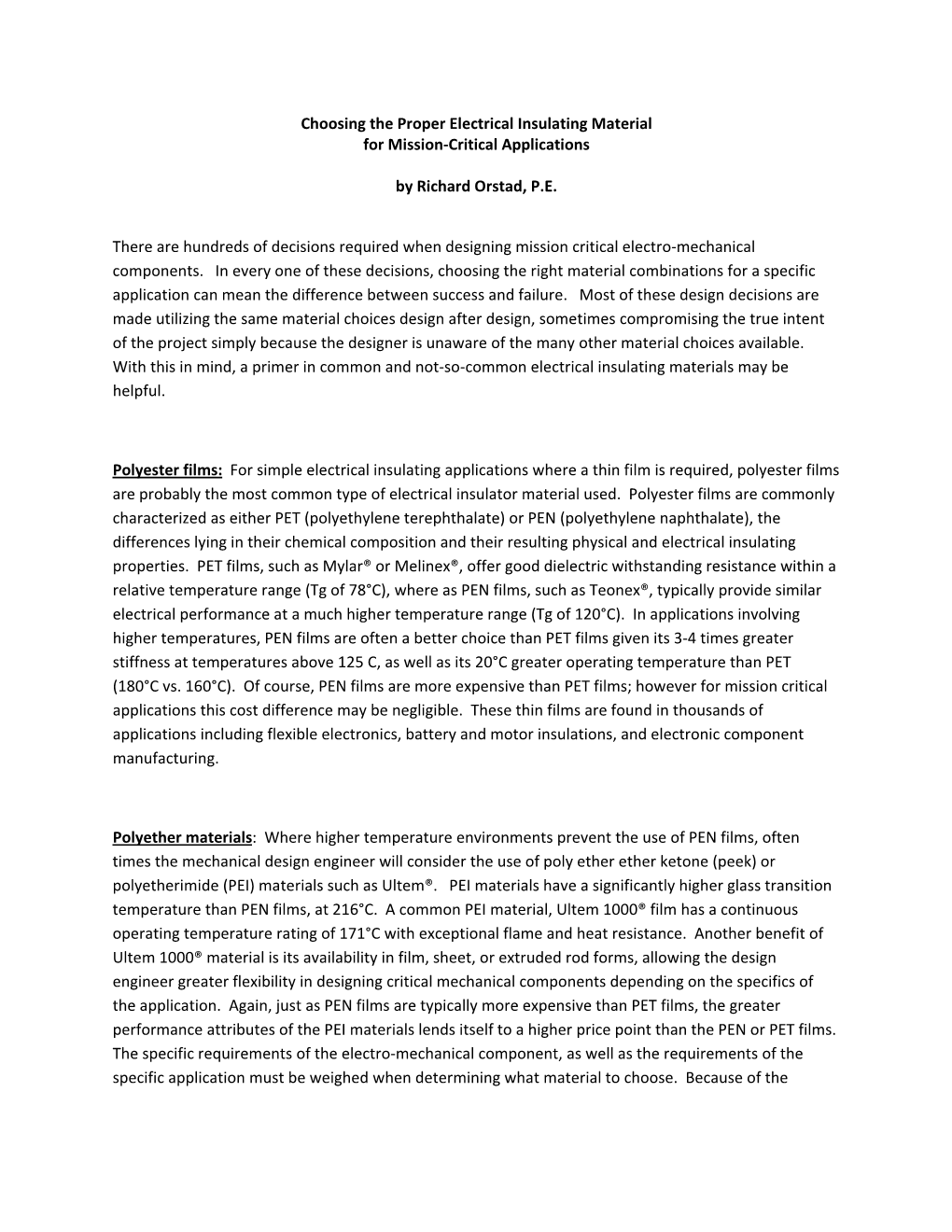 Choosing the Proper Electrical Insulating Material for Mission‐Critical Applications