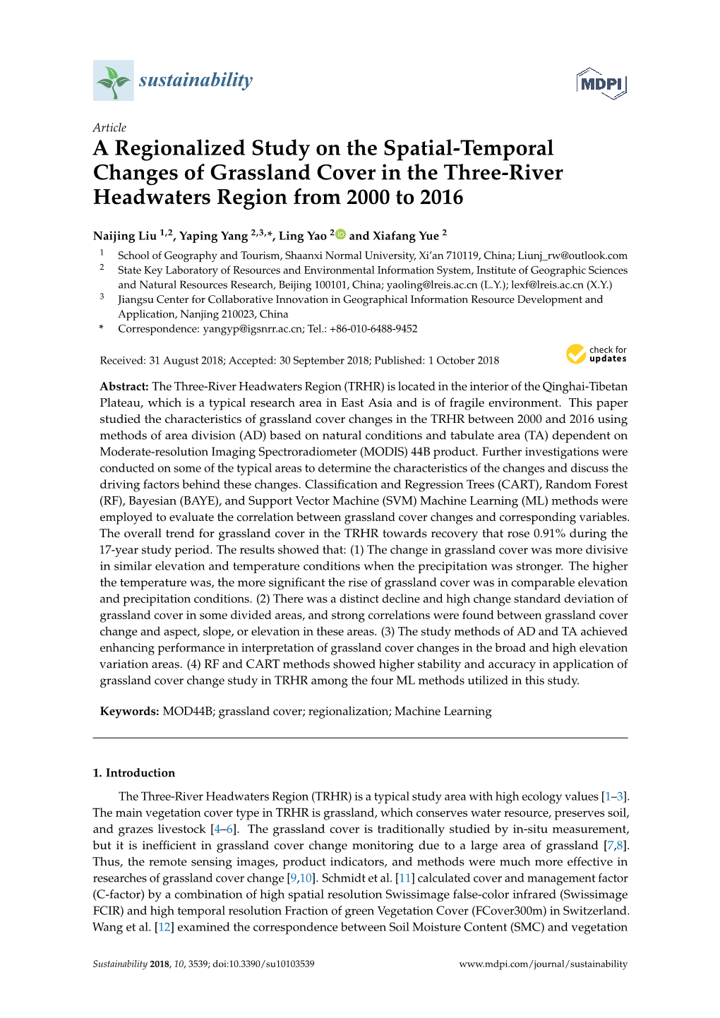 A Regionalized Study on the Spatial-Temporal Changes of Grassland Cover in the Three-River Headwaters Region from 2000 to 2016