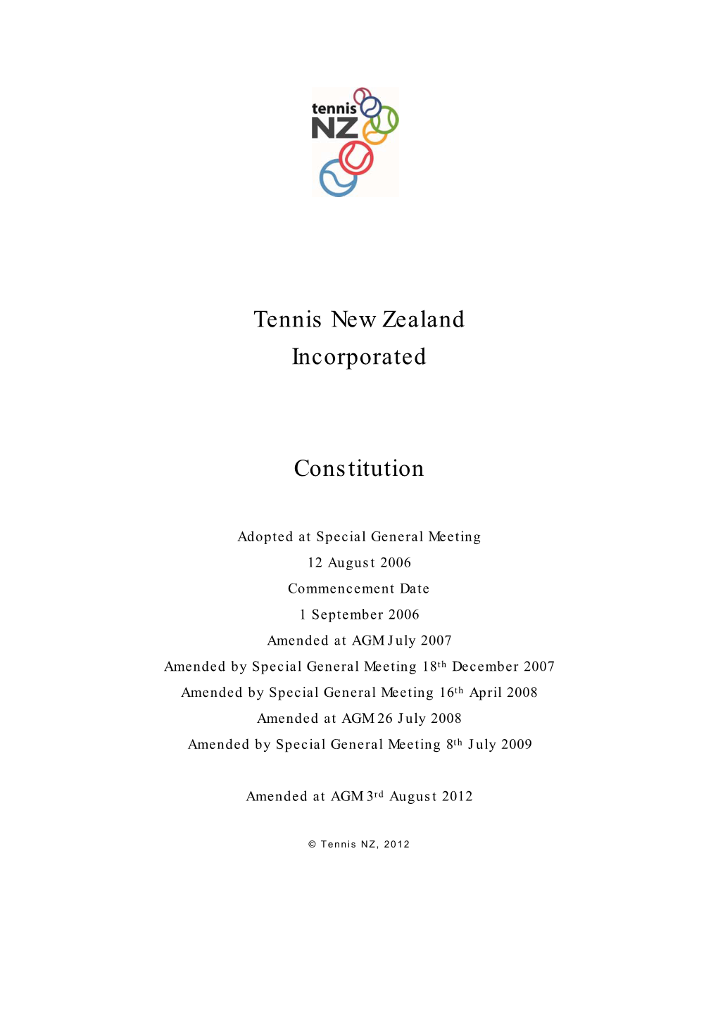 Tennis New Zealand Incorporated Constitution
