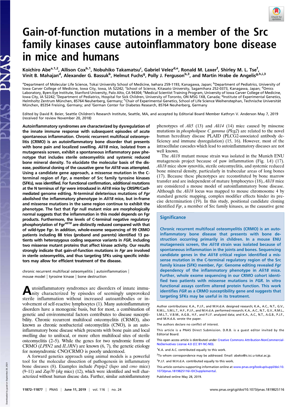 Gain-Of-Function Mutations in a Member of the Src Family Kinases Cause Autoinflammatory Bone Disease in Mice and Humans