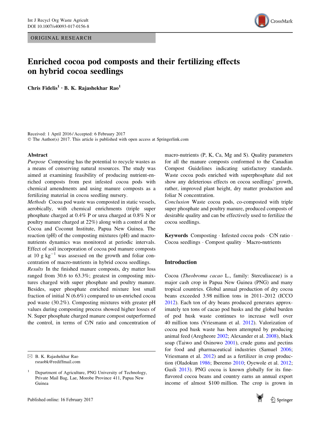 Enriched Cocoa Pod Composts and Their Fertilizing Effects on Hybrid Cocoa Seedlings