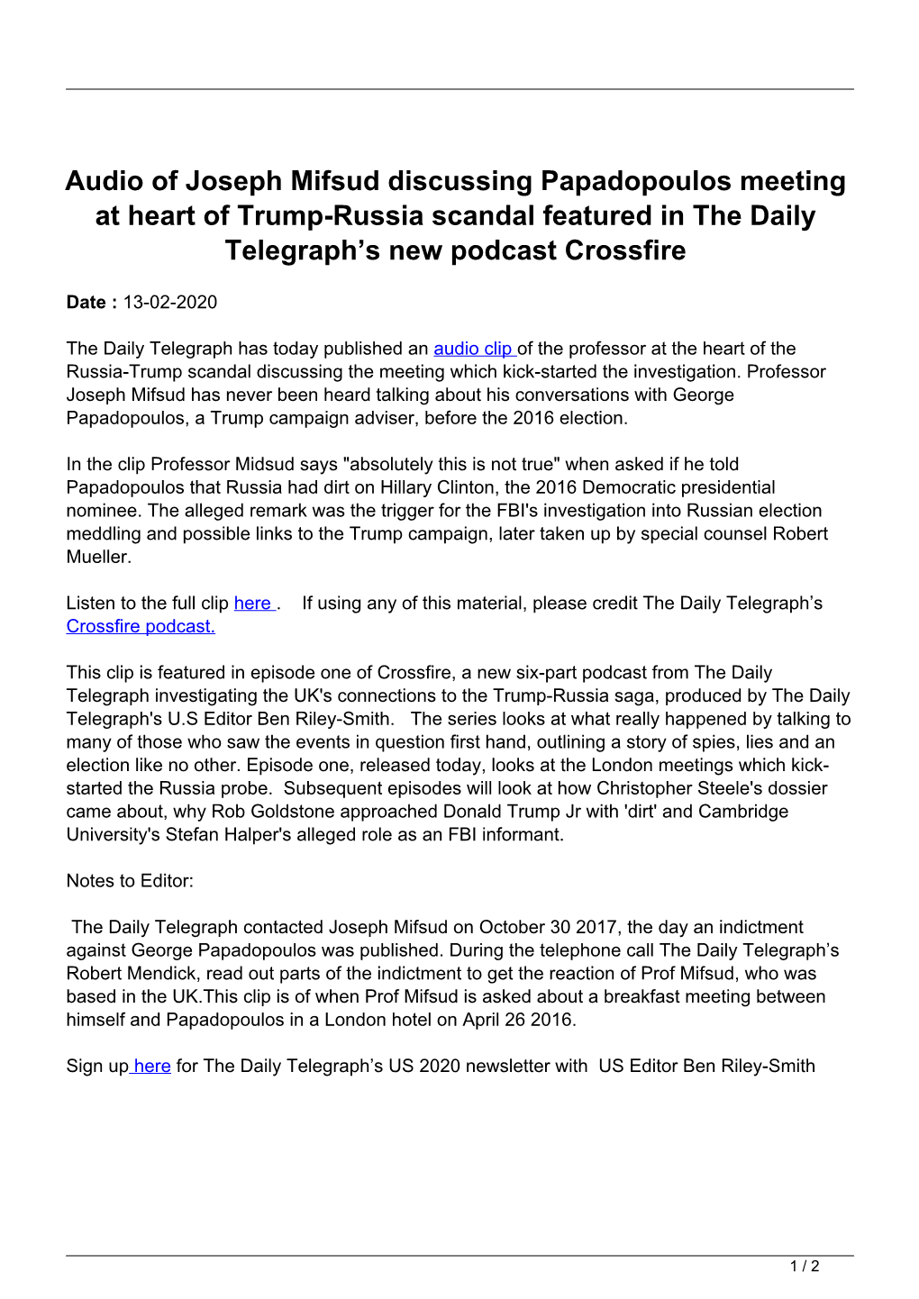 Audio of Joseph Mifsud Discussing Papadopoulos Meeting at Heart of Trump-Russia Scandal Featured in the Daily Telegraph’S New Podcast Crossfire