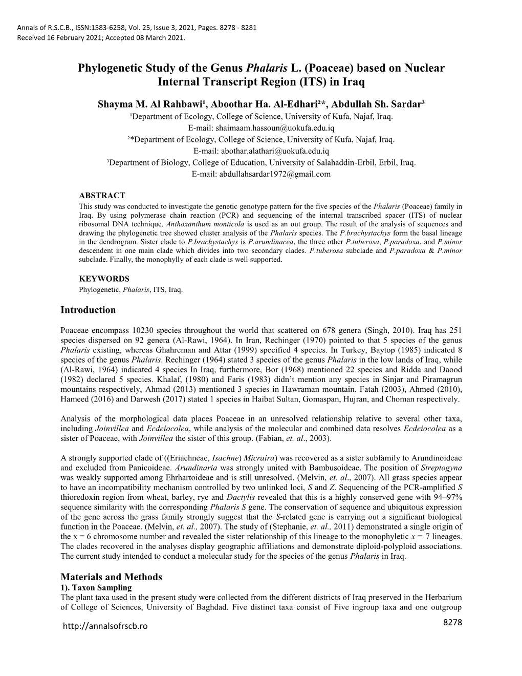 Phylogenetic Study of the Genus Phalaris L. (Poaceae) Based on Nuclear Internal Transcript Region (ITS) in Iraq