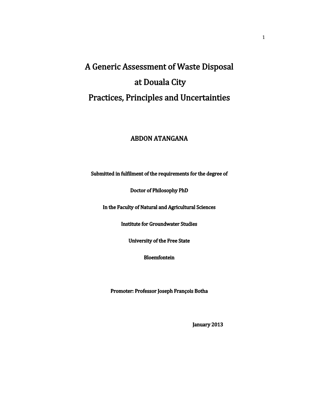 A Generic Assessment of Waste Disposal at Douala City Practices, Principles and Uncertainties