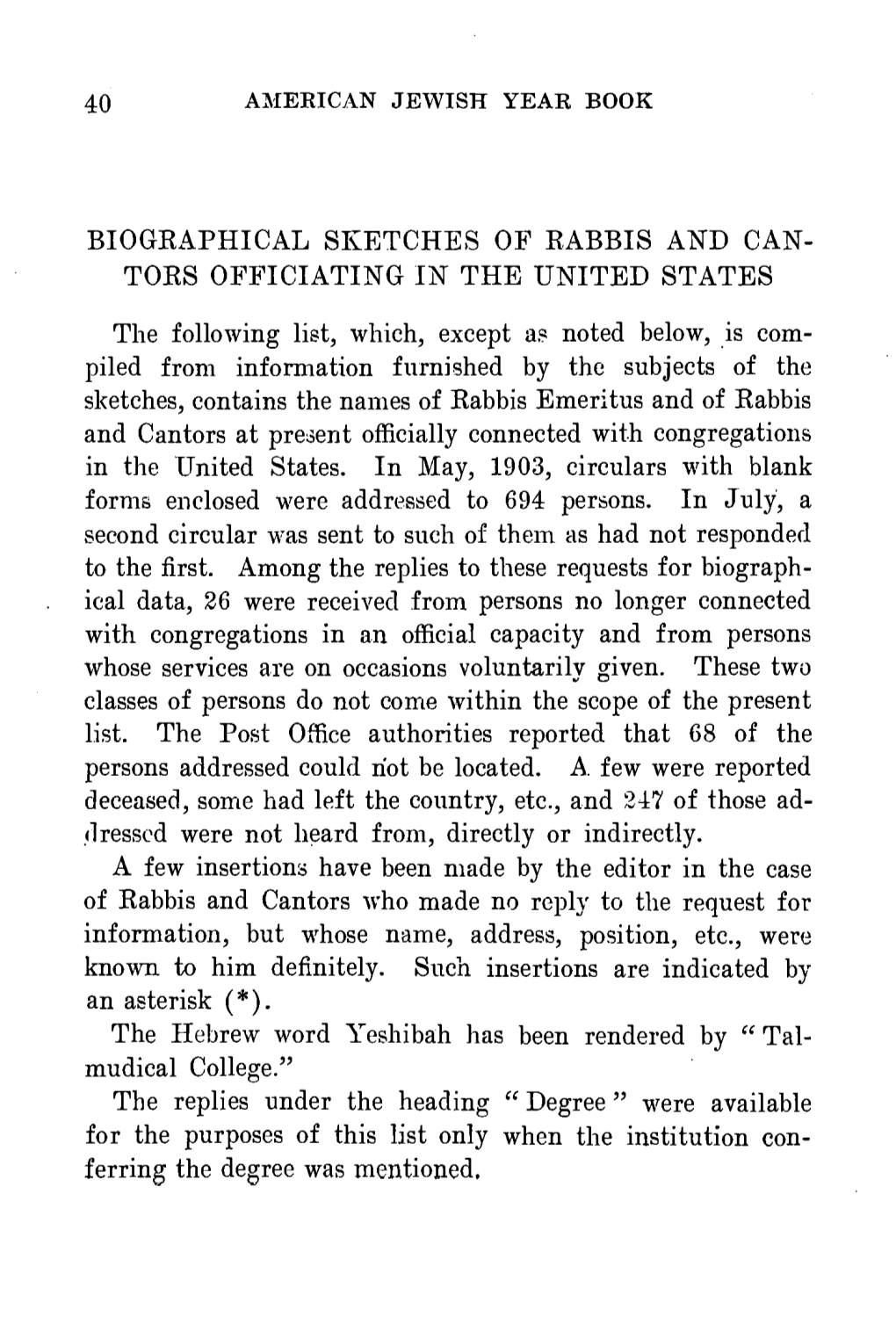 Biographical Sketches of Rabbis and Can- Tors Officiating in the United States