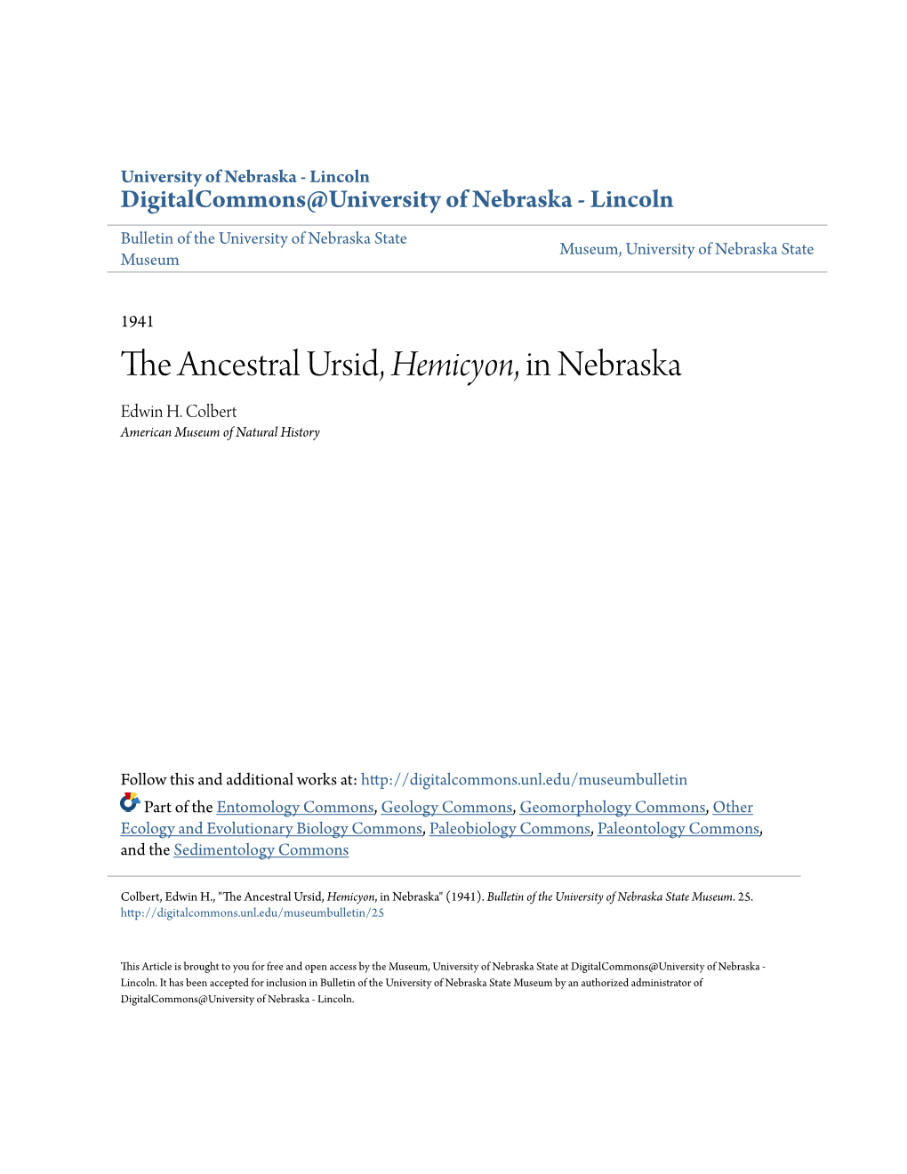 The Ancestral Ursid, Hemicyon, in Nebraska Edwin H