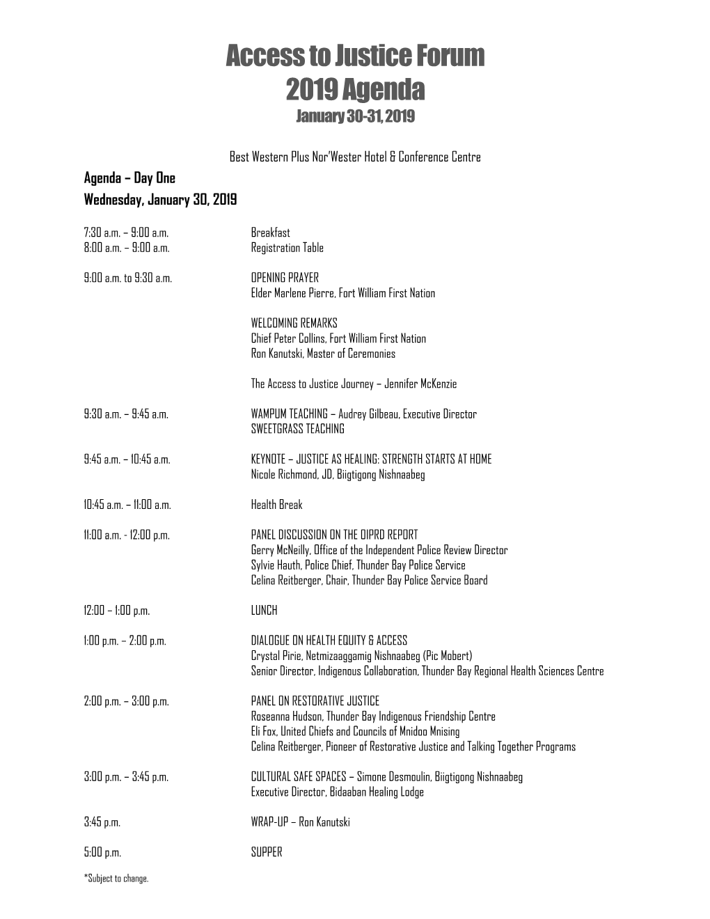 Access to Justice Forum 2019 Agenda January 30-31, 2019