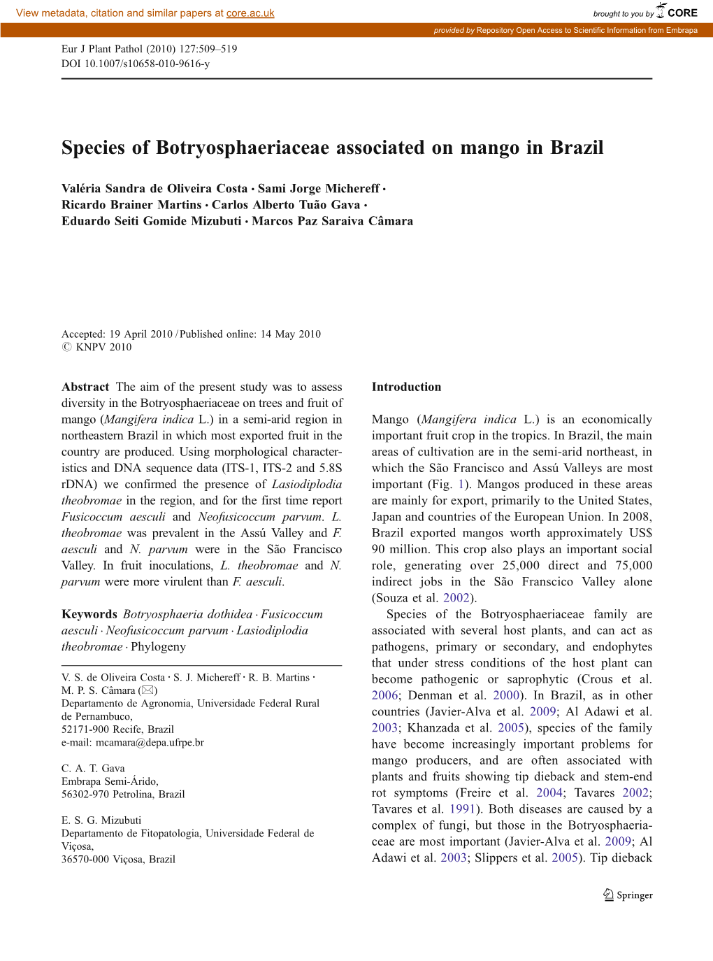 Species of Botryosphaeriaceae Associated on Mango in Brazil