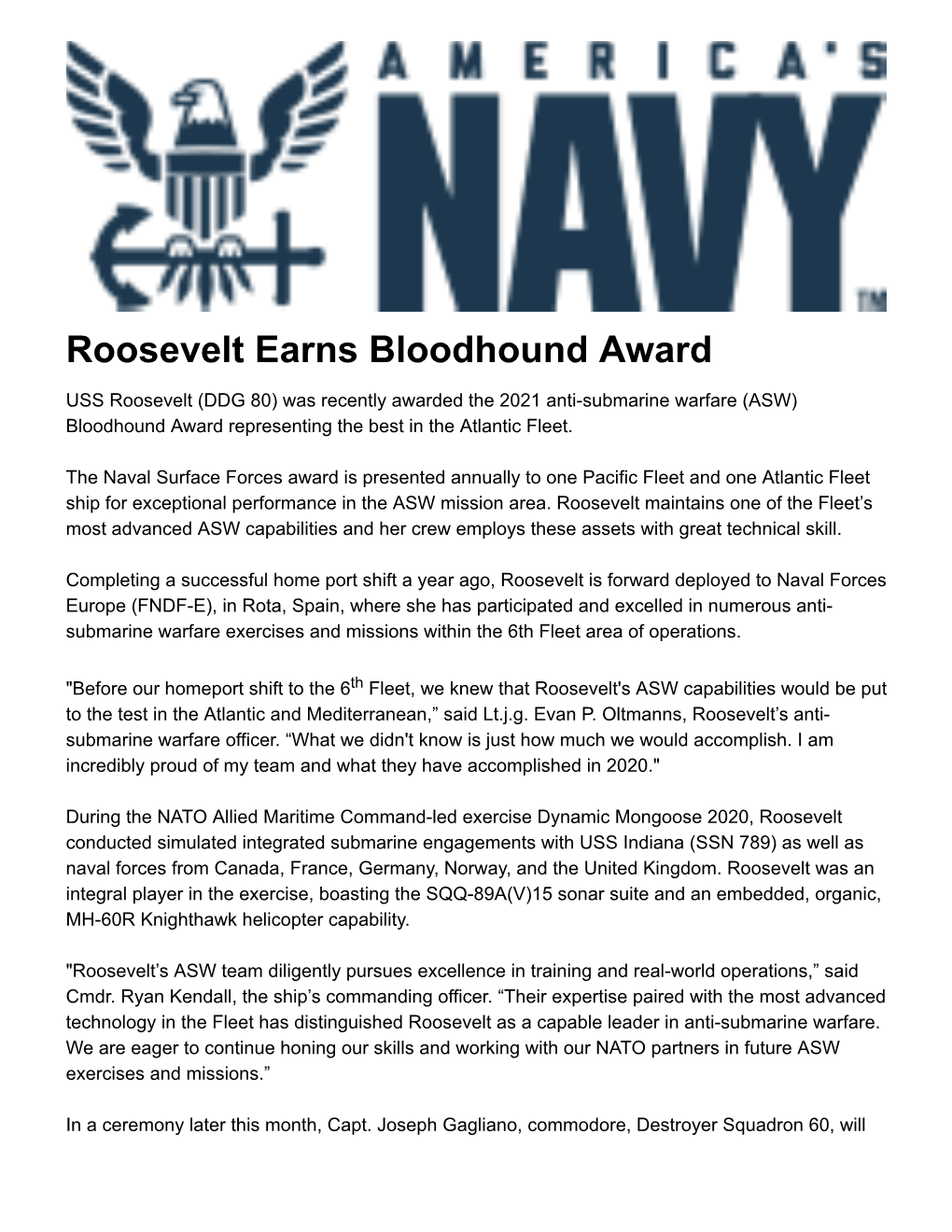 Roosevelt Earns Bloodhound Award