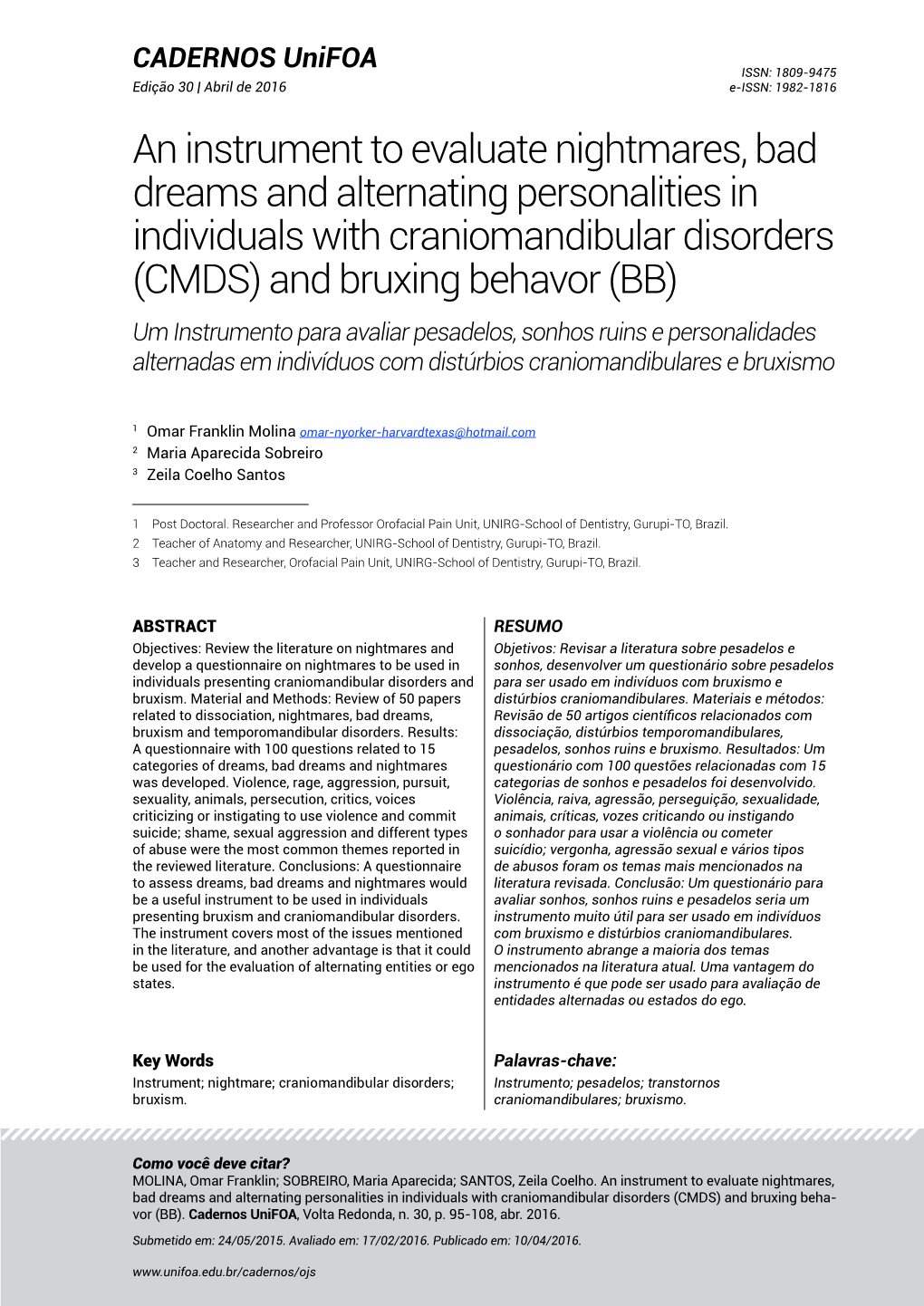 An Instrument to Evaluate Nightmares, Bad Dreams and Alternating Personalities in Individuals with Craniomandibular Disorders