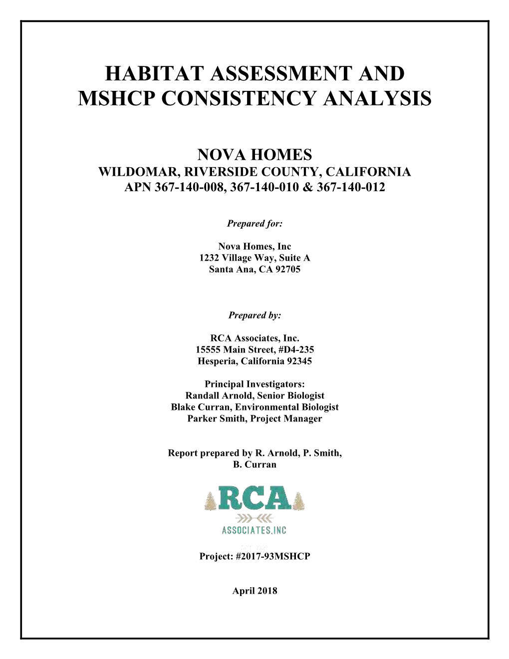 Habitat Assessment and Mshcp Consistency Analysis