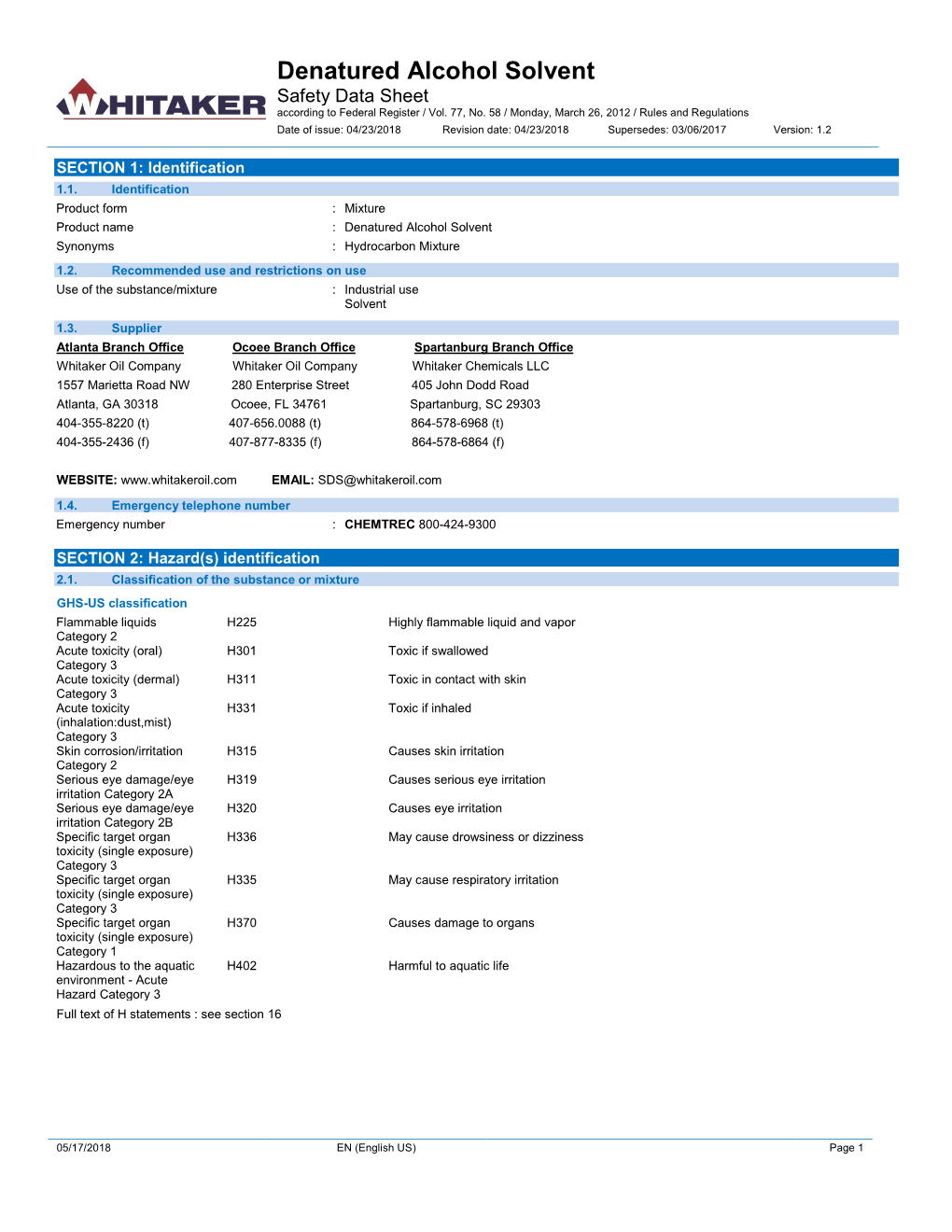 Denatured Alcohol Solvent Safety Data Sheet According to Federal Register / Vol