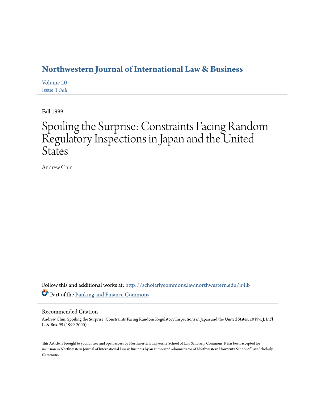 Constraints Facing Random Regulatory Inspections in Japan and the United States Andrew Chin