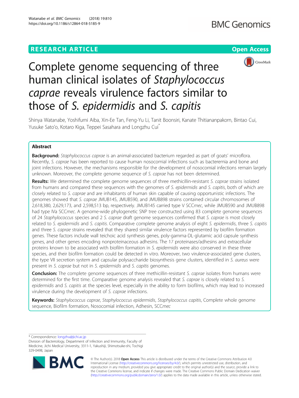 Complete Genome Sequencing of Three Human Clinical Isolates of Staphylococcus Caprae Reveals Virulence Factors Similar to Those of S