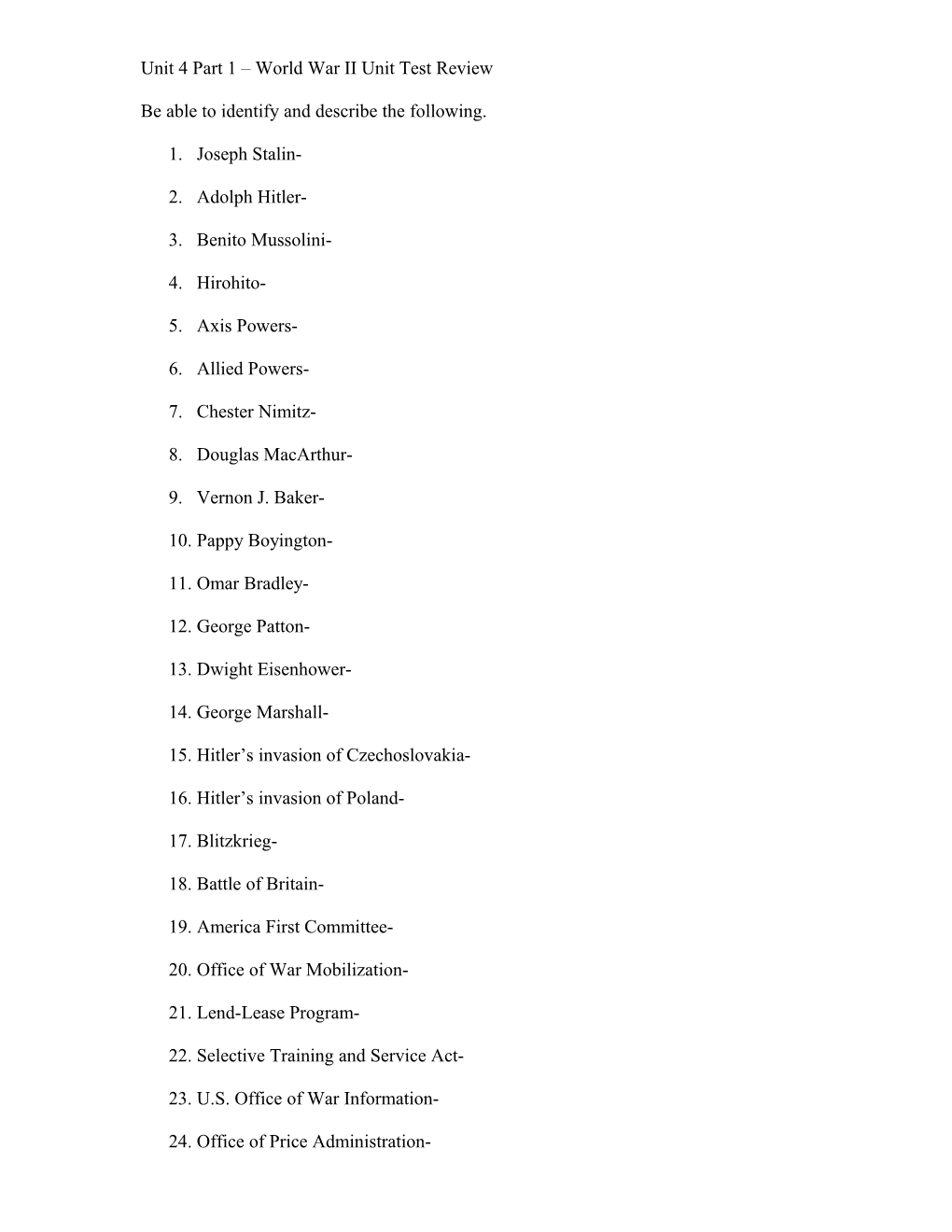 Unit 4 Part 1 World War II Unit Test Review