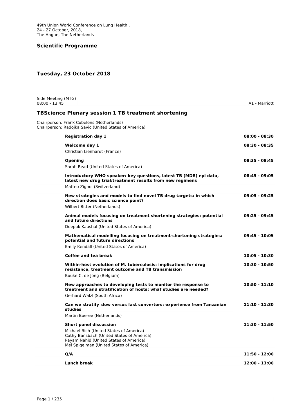 Scientific Programme Tuesday, 23 October 2018 Tbscience Plenary