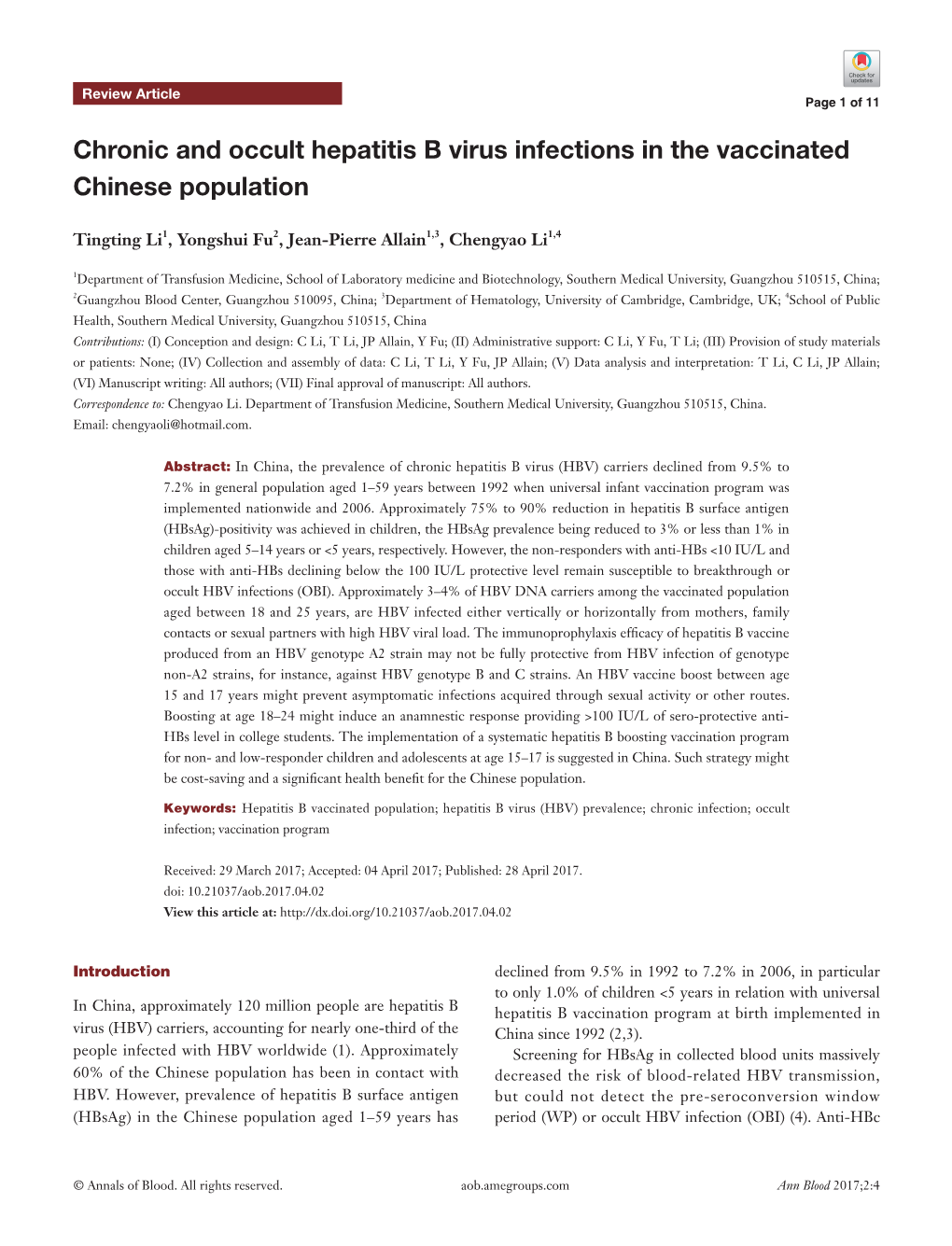 Chronic and Occult Hepatitis B Virus Infections in the Vaccinated Chinese Population