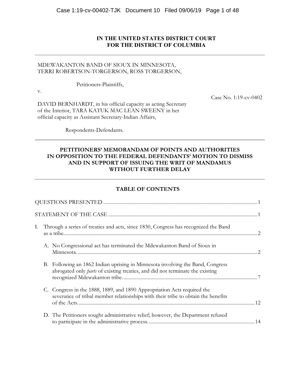 In the United States District Court for the District of Columbia Mdewakanton Band of Sioux in Minnesota, Terri Robertson-Torgers