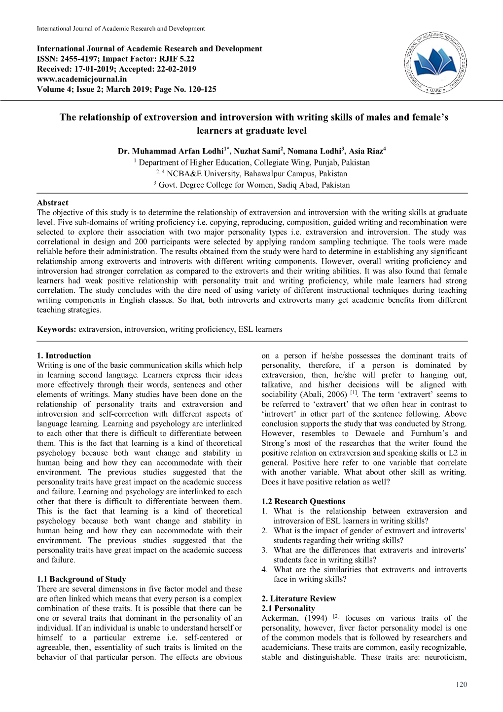 The Relationship of Extroversion and Introversion with Writing Skills of Males and Female’S Learners at Graduate Level