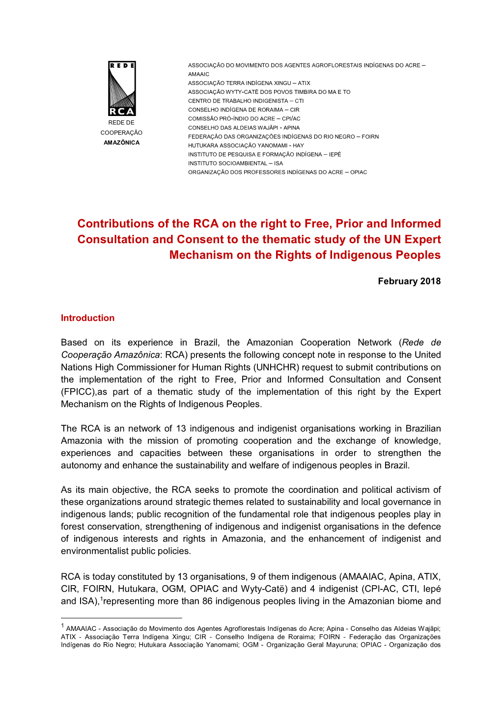 Contributions of the RCA on the Right to Free, Prior and Informed