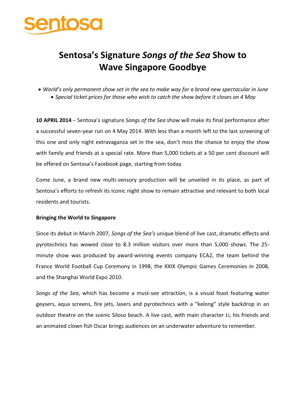 NEWS Sentosa's Signature Songs of the Sea Show to Wave Singapore Goodbye 10 APR 2014