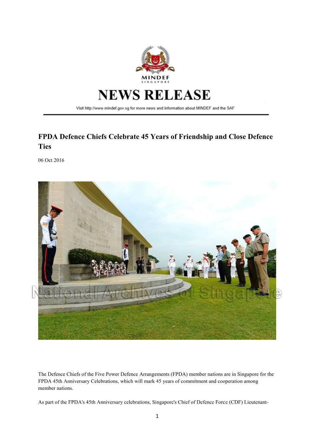 FPDA Defence Chiefs Celebrate 45 Years of Friendship and Close Defence Ties