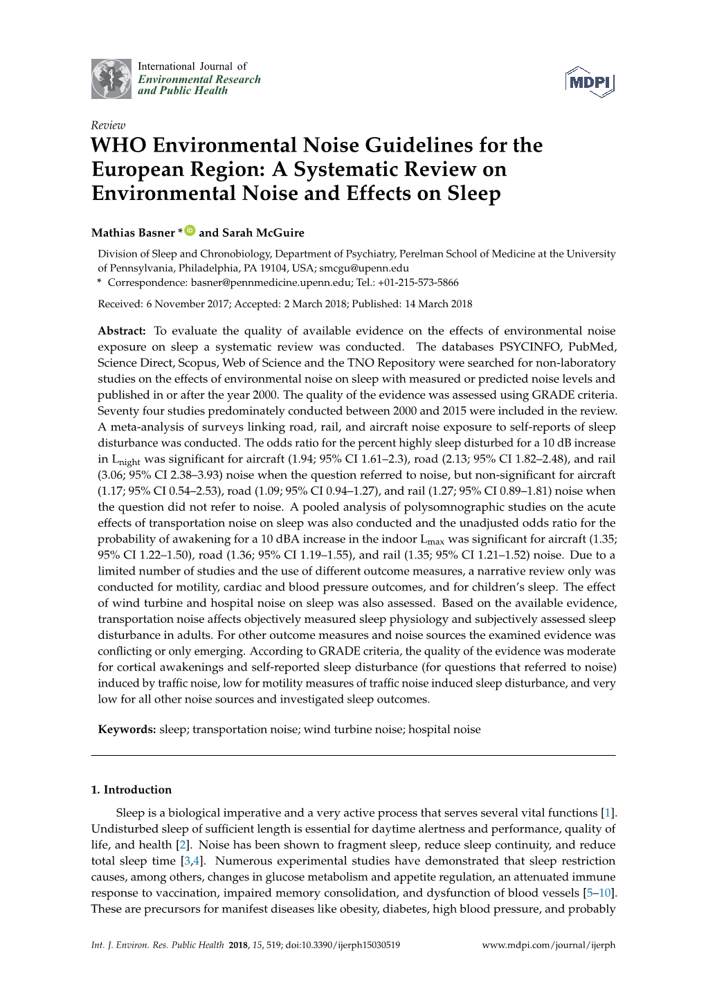 WHO Environmental Noise Guidelines for the European Region: a Systematic Review on Environmental Noise and Effects on Sleep