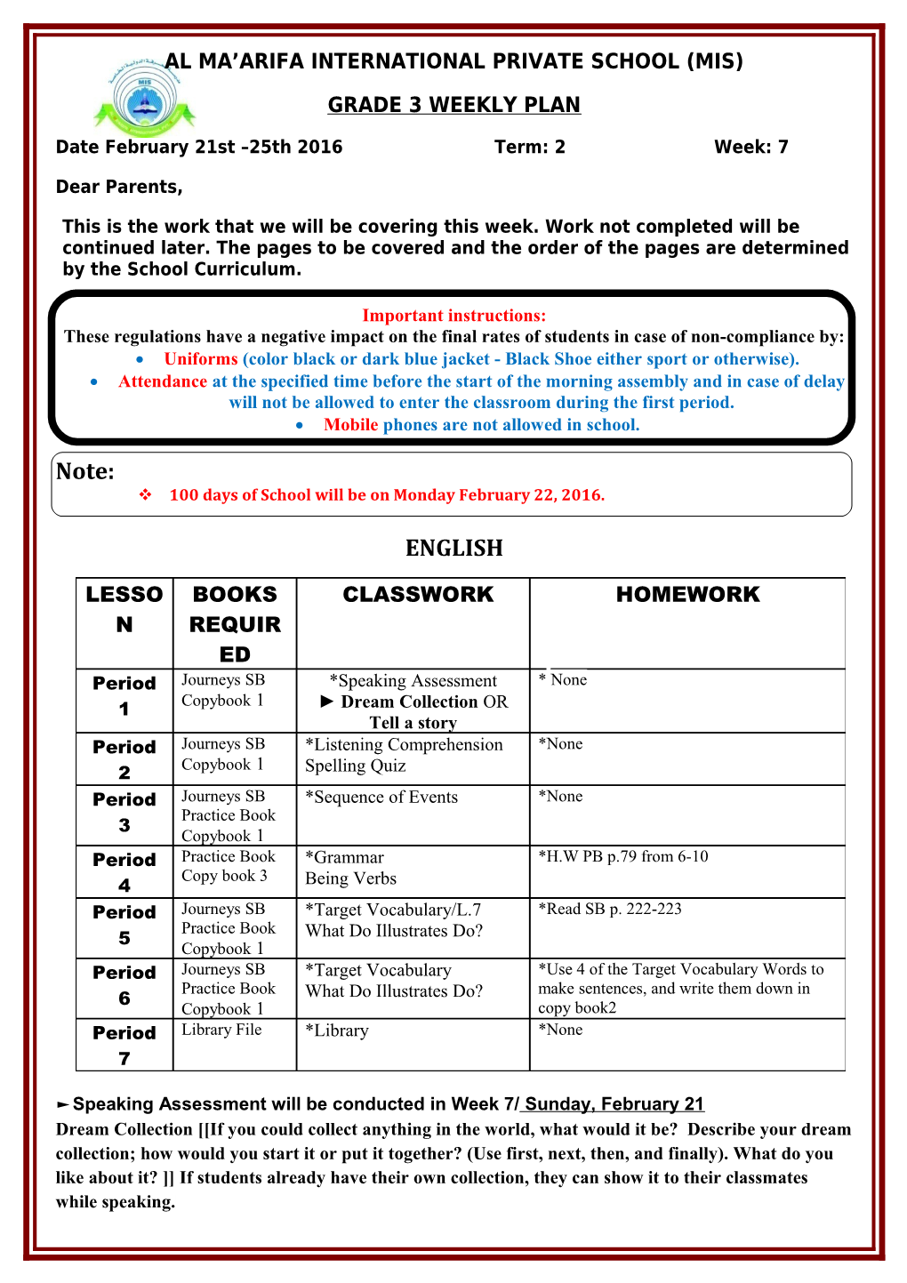 Grade 3 Weekly Plan