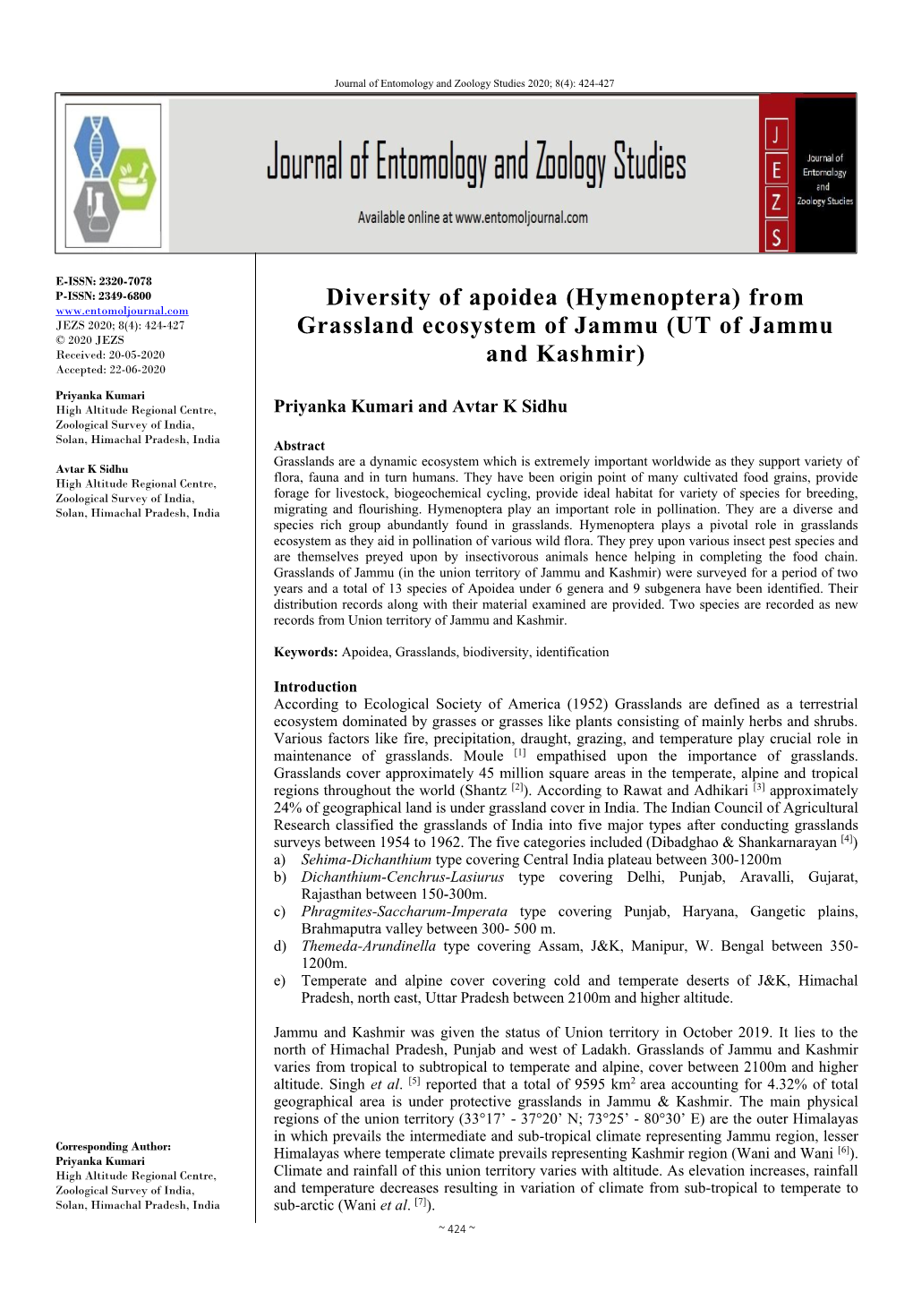 Diversity of Apoidea (Hymenoptera) from Grassland Ecosystem of Jammu