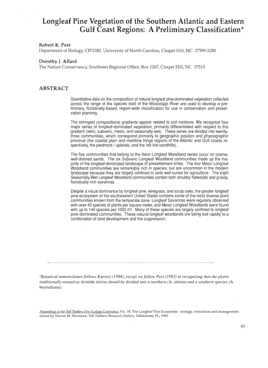 Longleaf Pine Vegetation of the Southern Atlantic and Eastern Gulf Coast Regions: a Preliminary Classification*