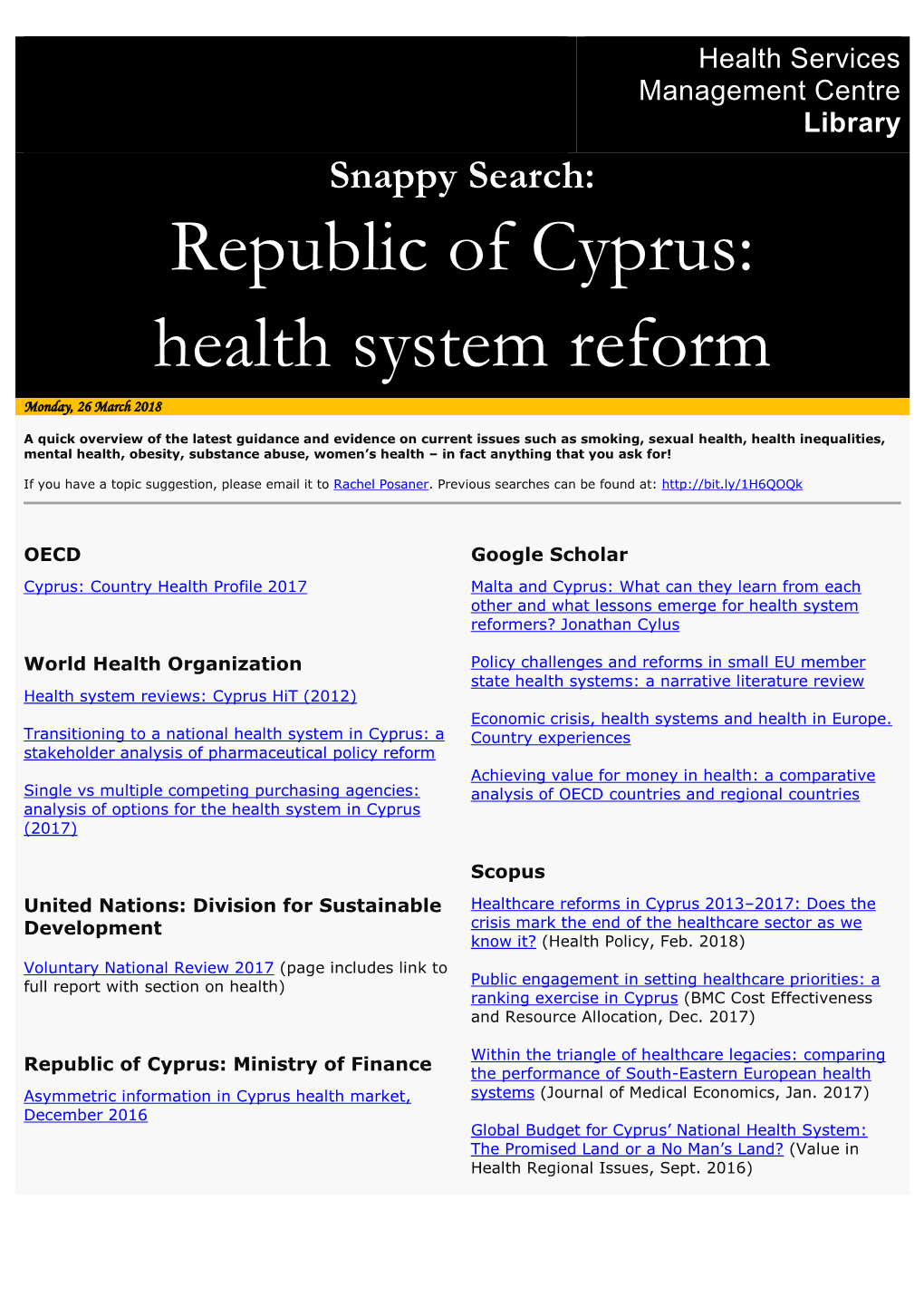 Republic of Cyprus: Health System Reform Monday, 26 March 2018