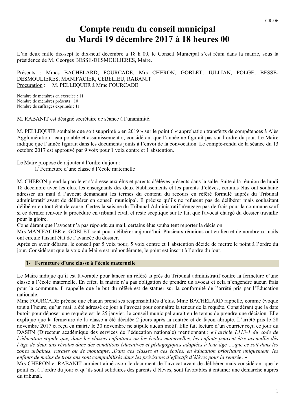 Compte Rendu Du Conseil Municipal Du Mardi 19 Décembre 2017 À 18 Heures 00