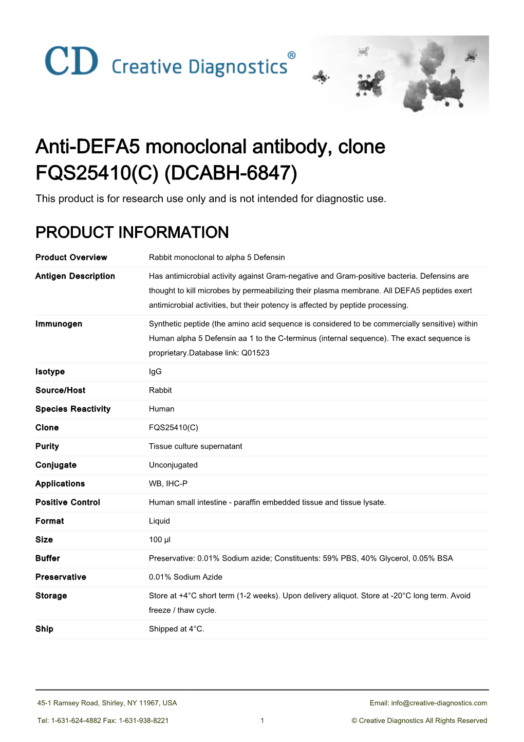 Anti-DEFA5 Monoclonal Antibody, Clone FQS25410(C) (DCABH-6847) This Product Is for Research Use Only and Is Not Intended for Diagnostic Use