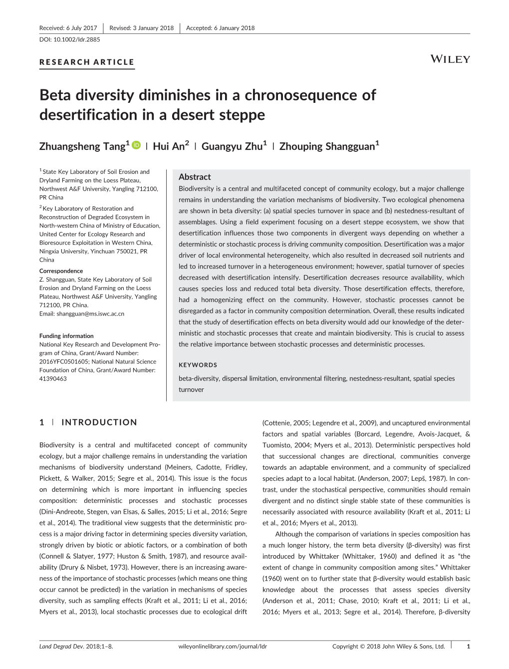 Beta Diversity Diminishes in a Chronosequence of Desertification in a Desert Steppe