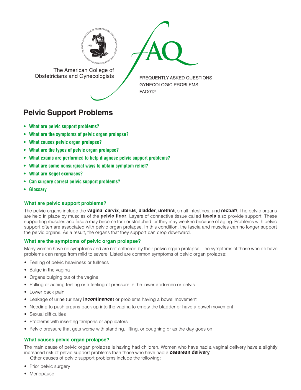 FAQ012 -- Pelvic Support Problems